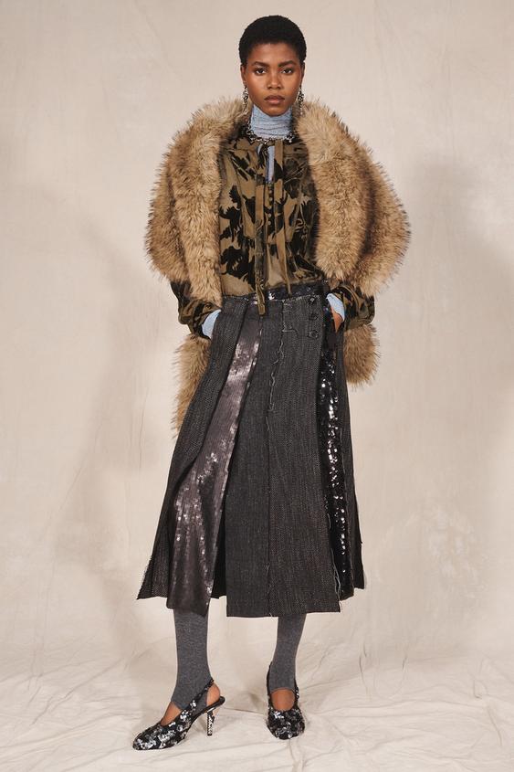 Zara LIMITED EDITION SEQUIN MIXED FABRIC SKIRT - Black / Brown - Image 0