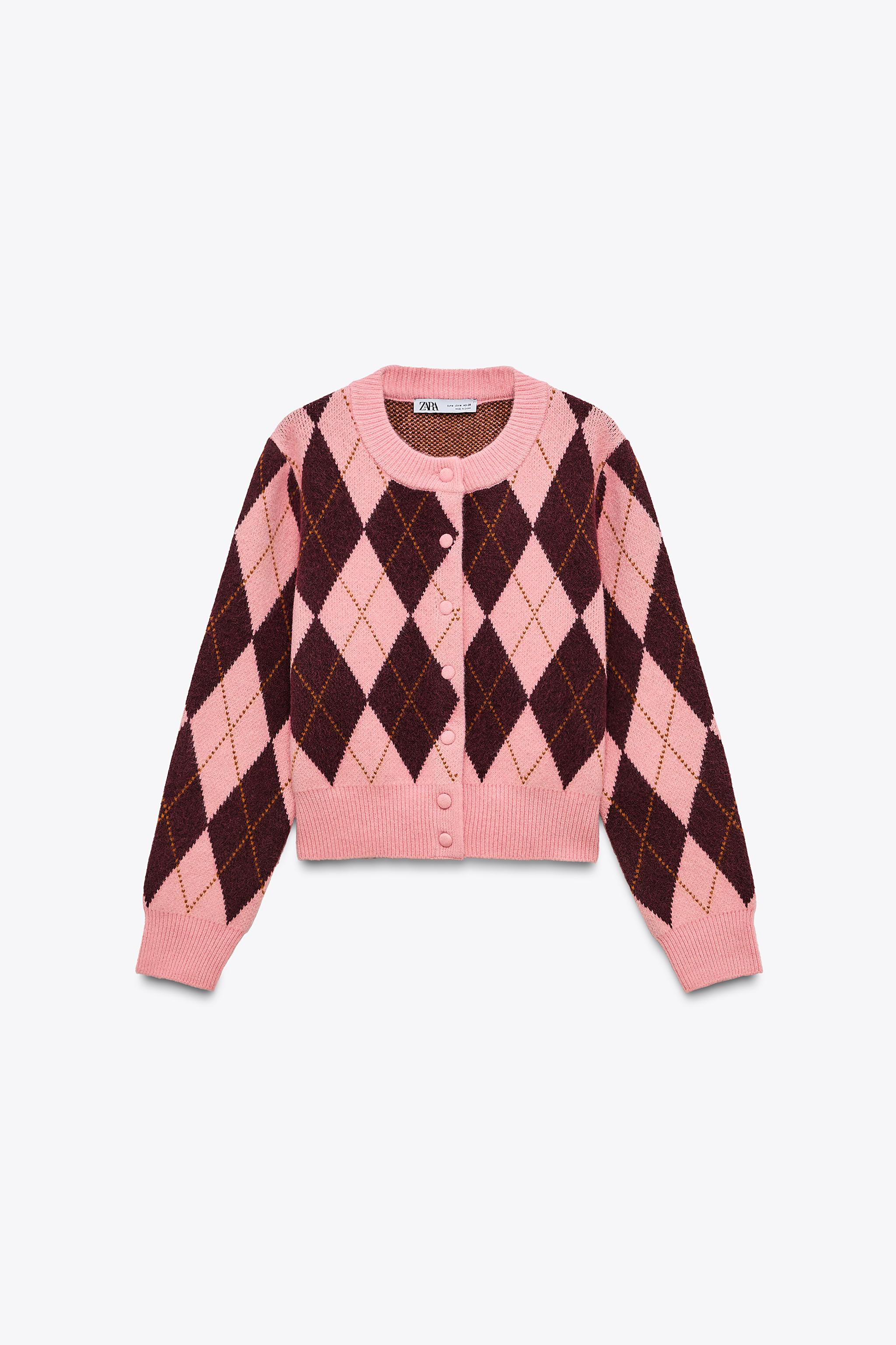 Cárdigan Zara Argyle Knit Jacquard Mujer Multicolor Crochet