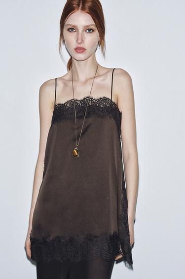 ZW COLLECTION SATIN LACE TOP - Dark brown by Zara