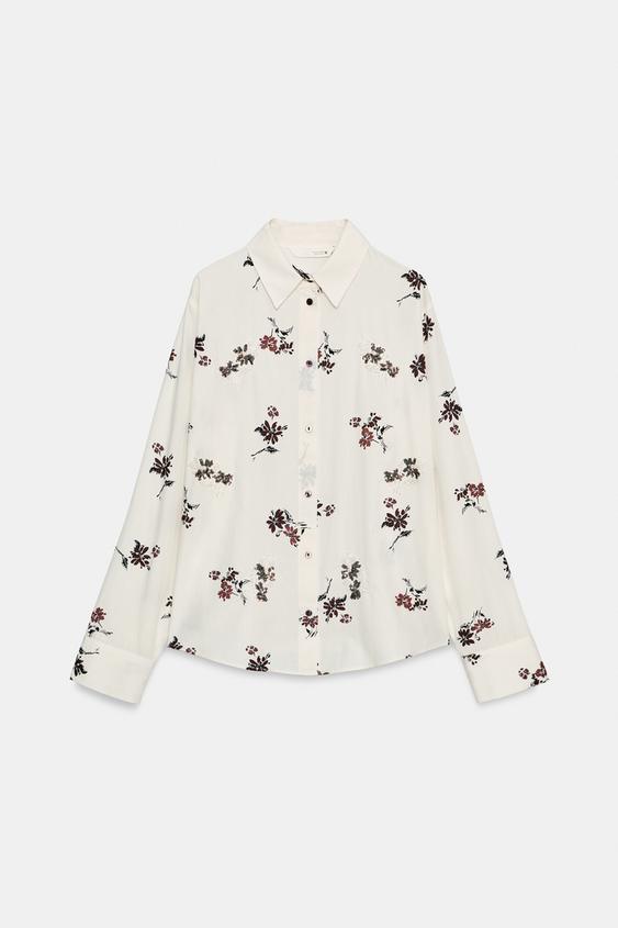 Zara FLORAL PRINT BEADED SHIRT - Ecru / Maroon - Image 0