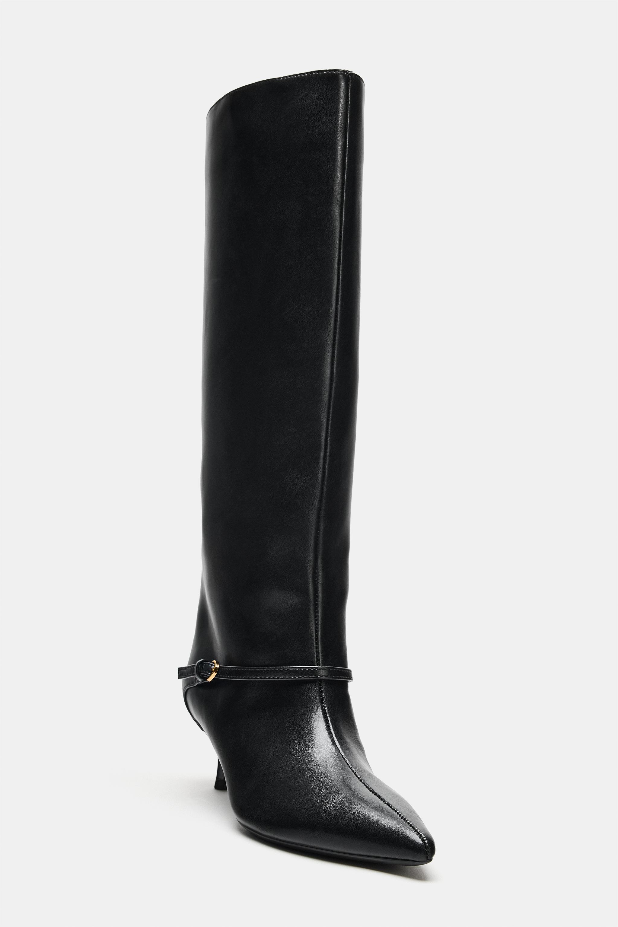 BUCKLED KITTEN HEEL TALL BOOTS