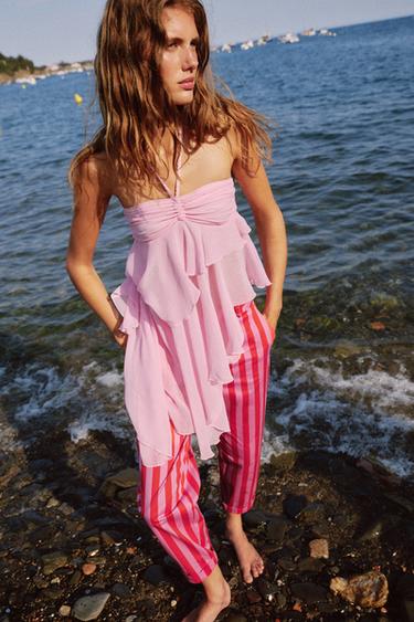 Zara STRIPED CHINO PANTS - Pink