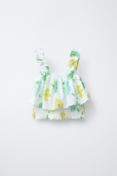 FLORAL PRINT TOP WITH RUFFLES - Ecru / Green by Zara