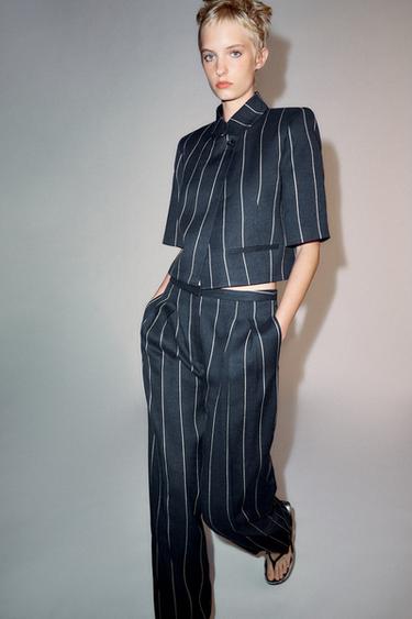 ZW COLLECTION STRIPED LINEN BLEND JACKET - Navy blue by Zara