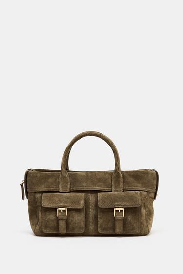 Zara LEATHER CITY BAG WITH POCKETS - Green