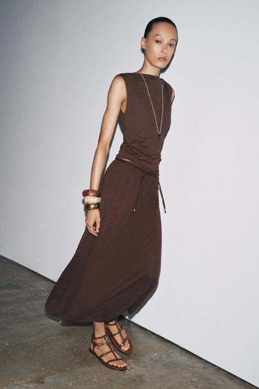 KNITTED CUT-OUT SKIRT WITH BELT - Brown by Zara