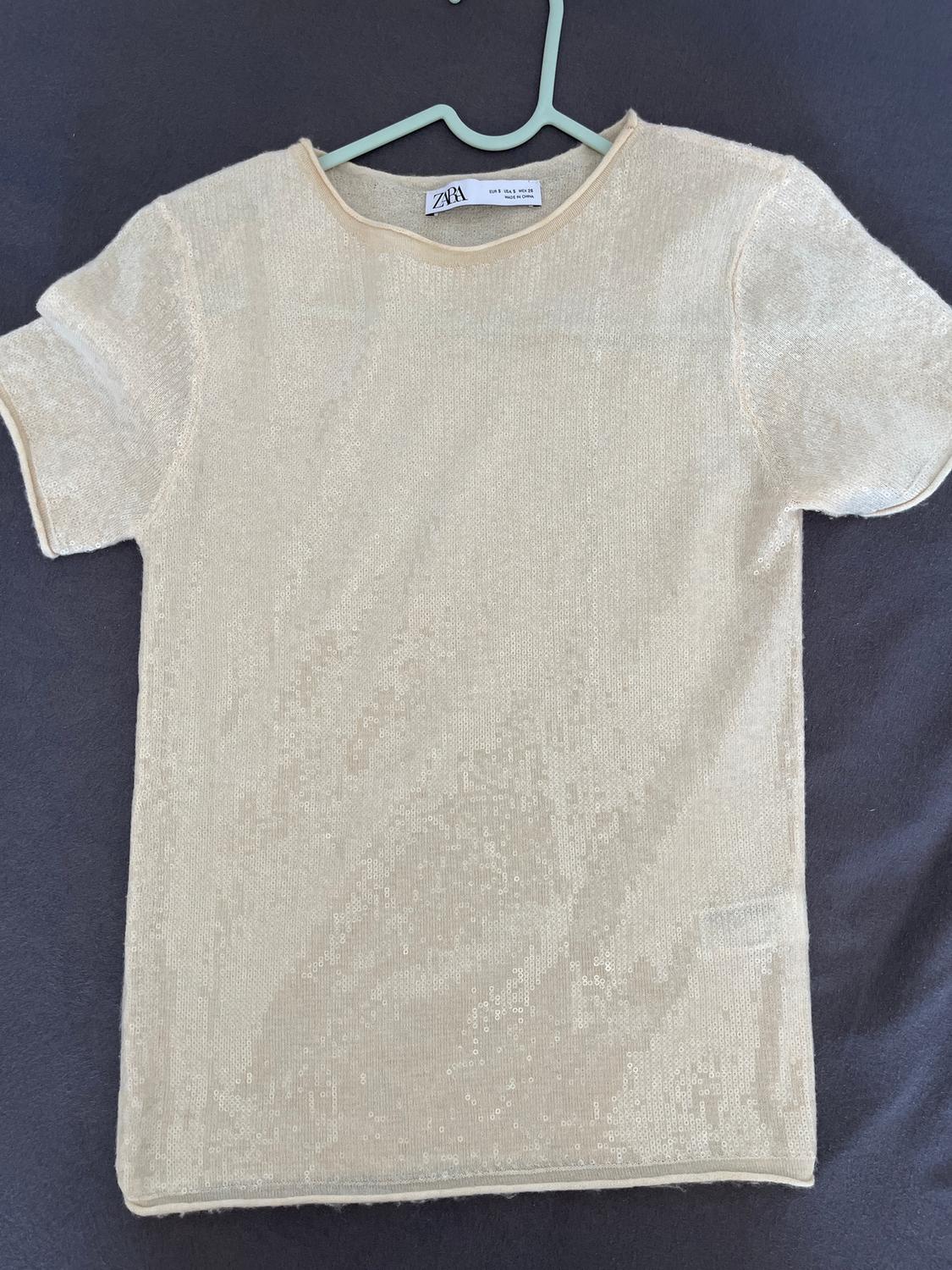 Beige sequinned T-shirt hanging on a green hanger against a dark background. Visible "Zara" label.