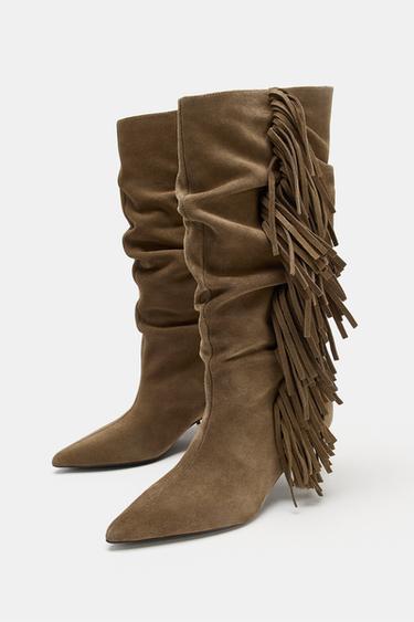 FRINGED SPLIT SUEDE BOOTS - Dark tan by Zara - Image 4