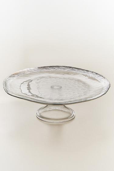 Zara GLASS SERVING DISH WITH RAISED DESIGN AND SILVER EDGE - Silver