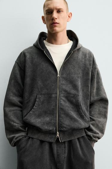 Zara WASHED ZIP HOODIE - Dark anthracite