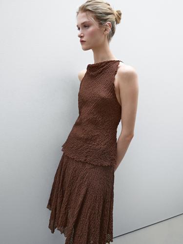 Zara Flowing check skirt with asymmetric hem - Chocolate