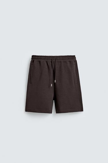 Zara RELAXED FIT INTERLOCK JOGGER SHORTS - Dark brown
