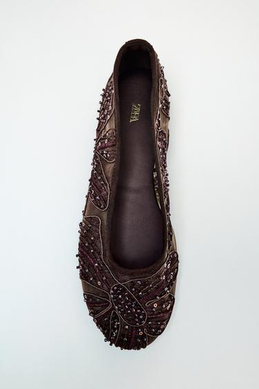 Zara 網紗刺繡平底芭蕾鞋 - 棕色