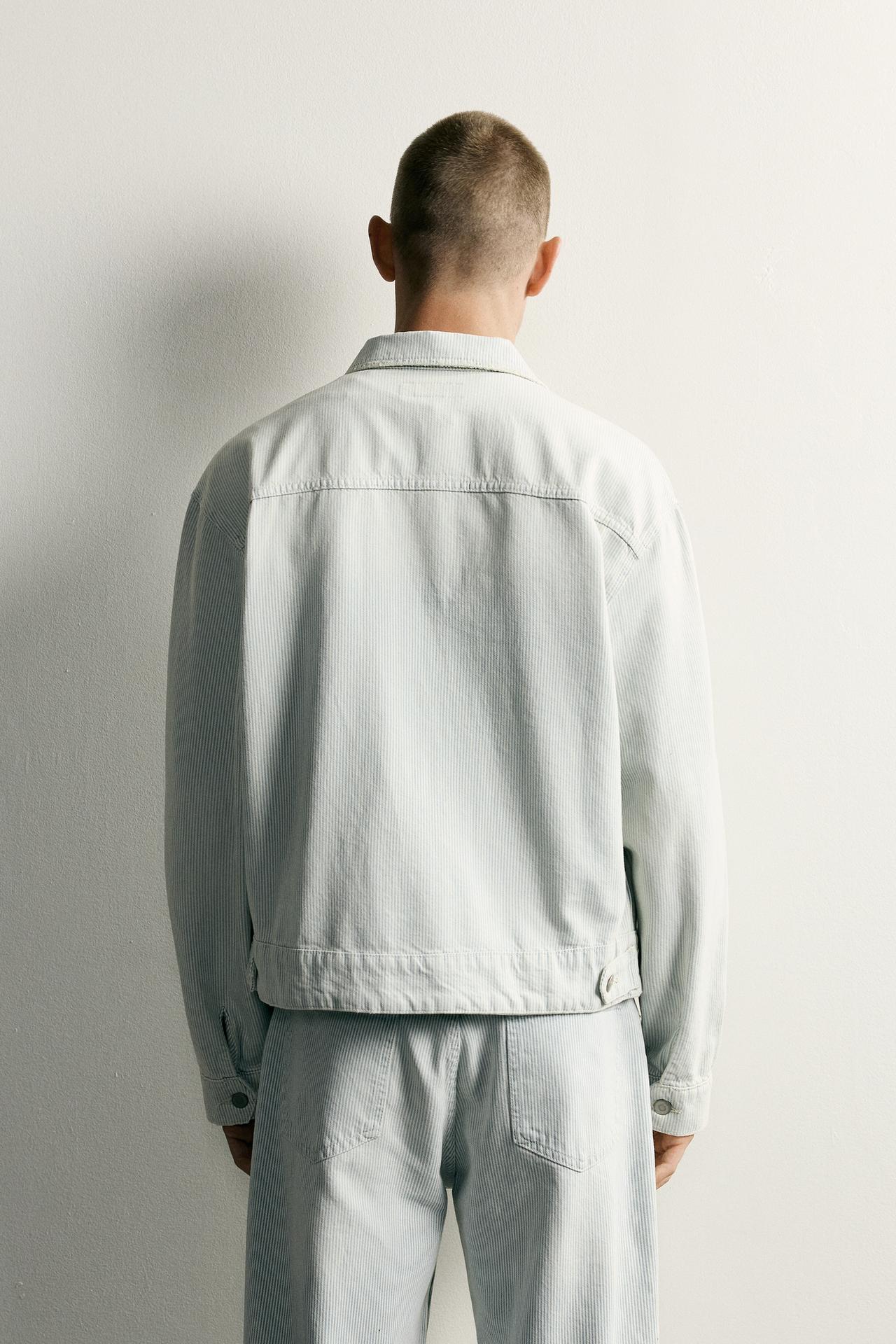 WASHED STRIPED CROPPED JACKET — Faded sky blue
