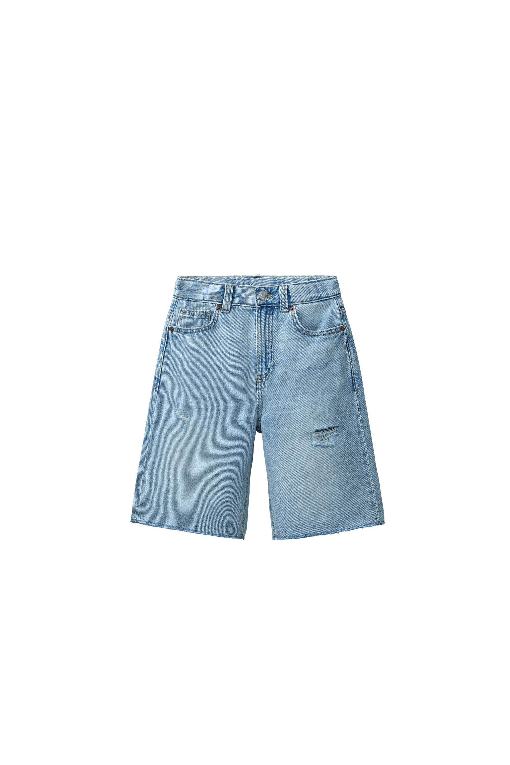 パンツ HIGH STRETCH PIQUE CUT OFF SHORTS RIPPED WIDE-LEG DENIM BERMUDA SHORTS - Light blue | ZARA Singapore