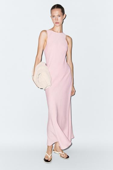 Vestido midi fluido con lino - Rosa pastel de Zara