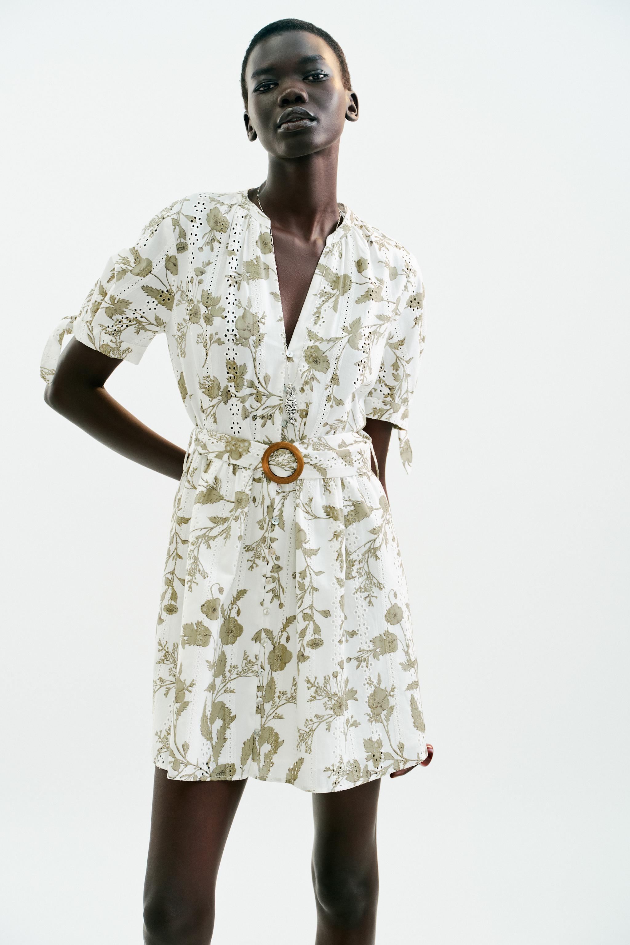 PRINTED MINI DRESS WITH OPENWORK EMBROIDERY