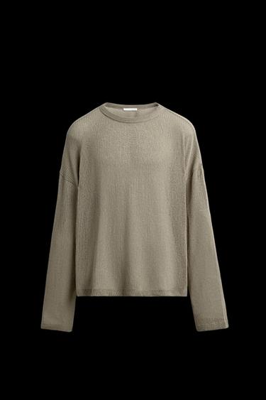 OPENWORK TEXTURED T-SHIRT - Brown / Taupe by Zara - Image 0