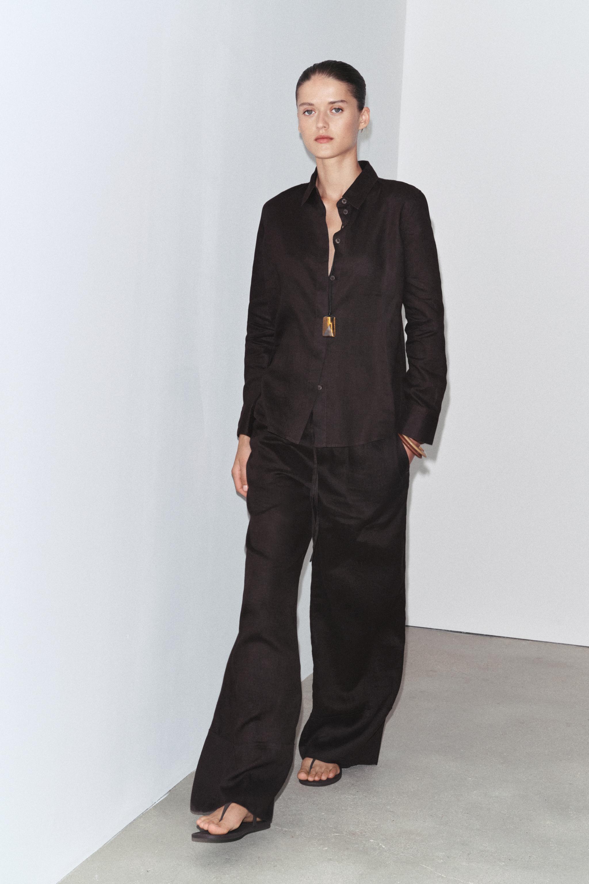 ZW COLLECTION リネン100% パラッツォパンツ - ブラウン | ZARA