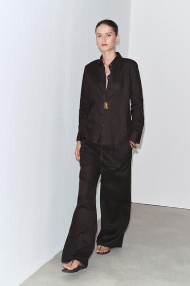Zara 100% LINEN PALAZZO PANTS ZW COLLECTION - Brown