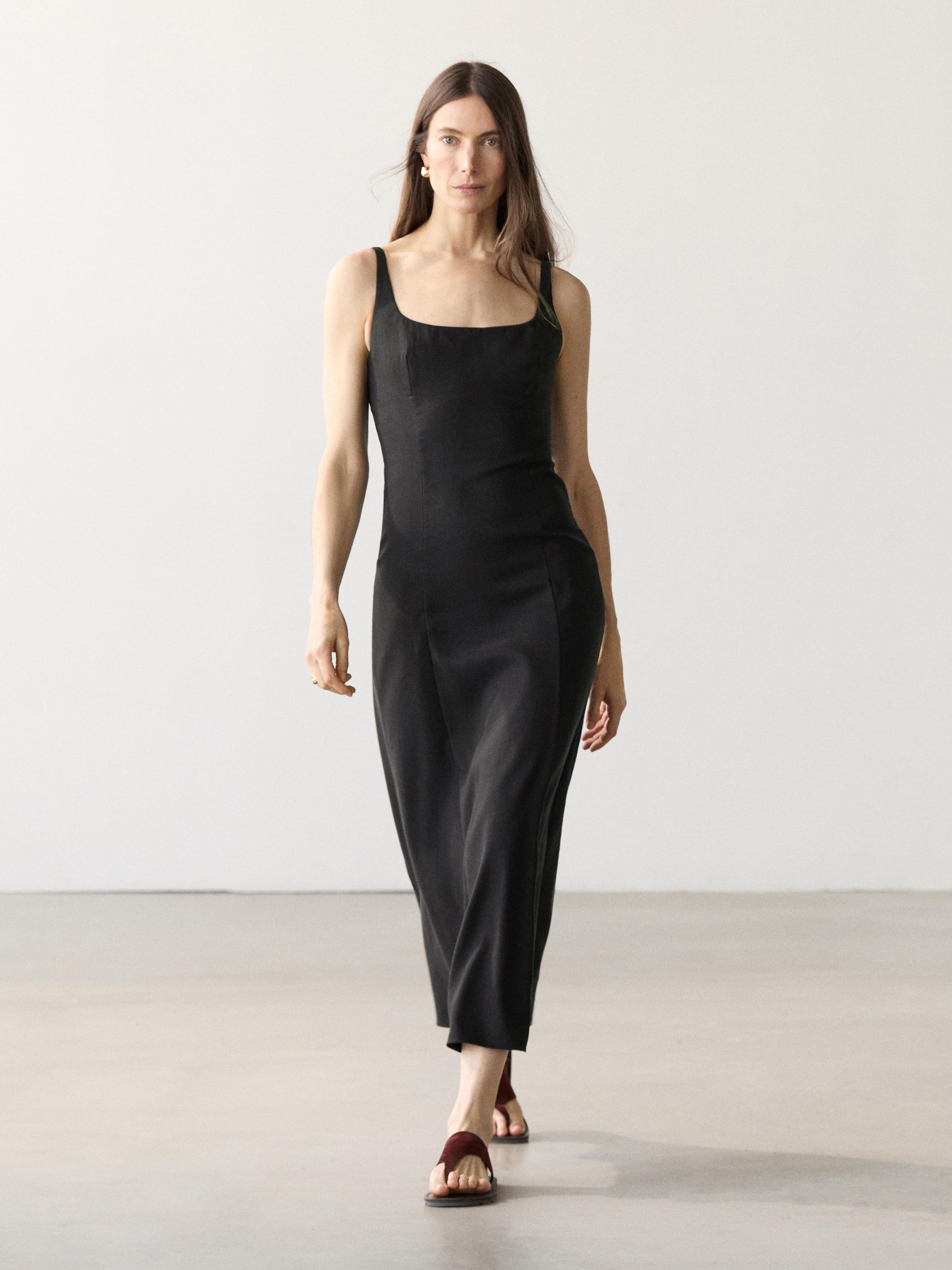 Strappy linen midi dress — Black