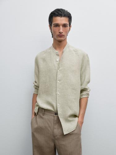 Zara 100% linen striped shirt with stand collar - Green