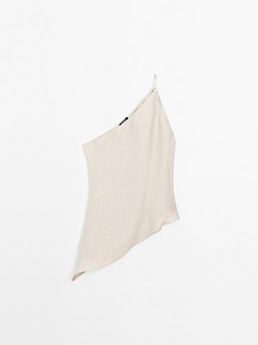 Zara Lightweight asymmetric linen blend top - Beige - Image 0