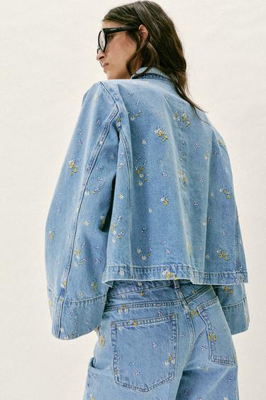 BLOUSON Z1975 EN DENIM À FLEURS BRODÉES - Bleu moyen de Zara - Image 4