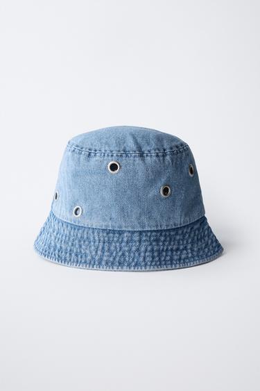 Zara DENIM BUCKET HAT WITH EYELETS - Light blue