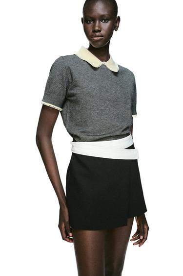 SHORT SLEEVE LACE-TRIMMED POLO SHIRT - Grey marl by Zara