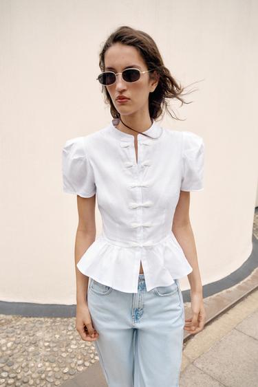 Zaras SKJORTA MED PEPLUM OCH HYSKOR - Vit