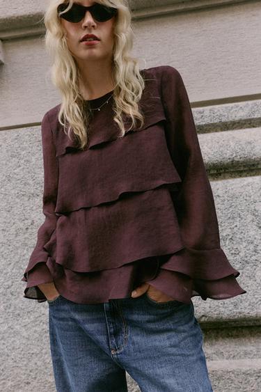 CAMISA VOLANTES - Burgundy de Zara