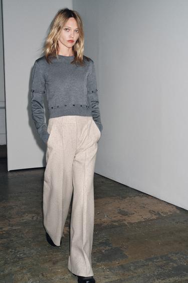 Zara ZW COLLECTION WIDE LEG STRUCTURE PANTS - Beige