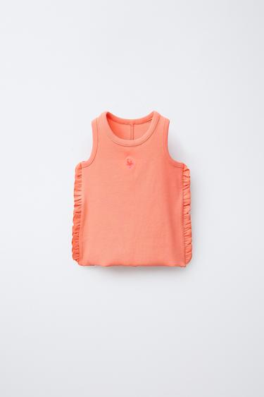 Zara EMBROIDERED RUFFLED RIBBED TOP - Orange