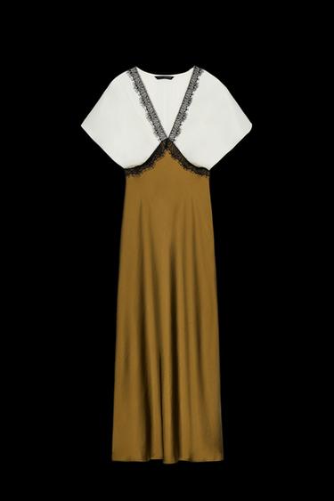 Zara CONTRAST LACE SATIN EFFECT MIDI DRESS - Ecru / Khaki - Image 0