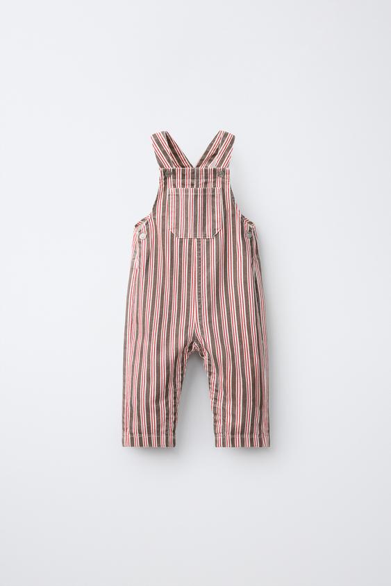 STRIPED TWILL LONG DUNGAREES - Brown / Ecru by Zara - Image 0