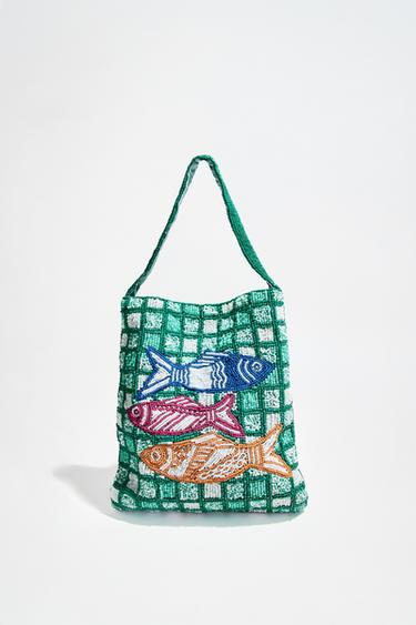 Zara BEADED FISH MINI BUCKET BAG - Green