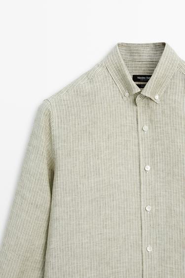 100% linen regular fit striped shirt — Green 2