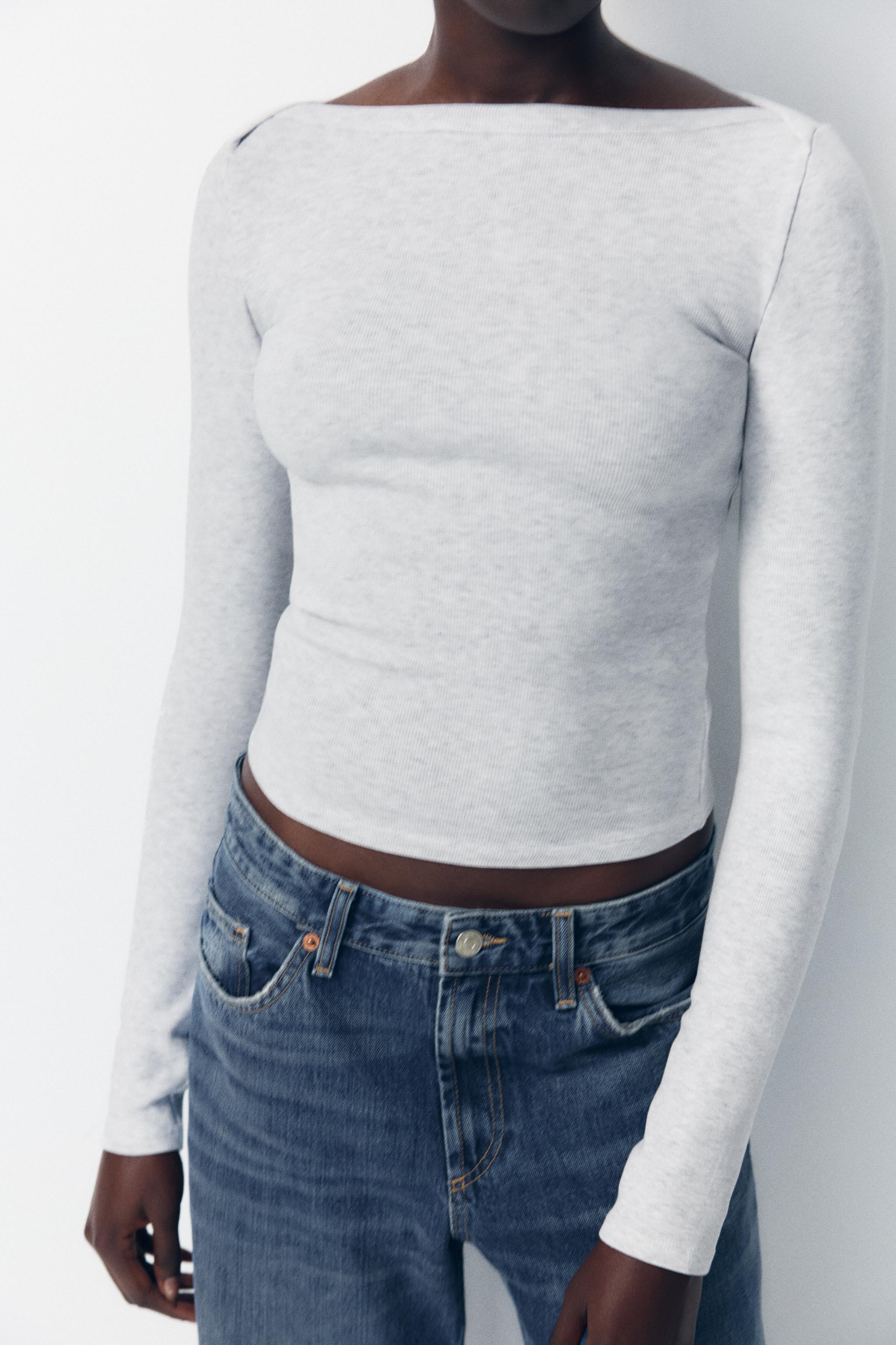RIBBED BOAT NECK T-SHIRT - Oyster-white | ZARA Cambodia