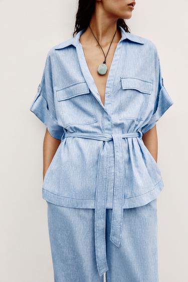 LINEN BLEND SAFARI SHIRT - Light blue by Zara - Image 3