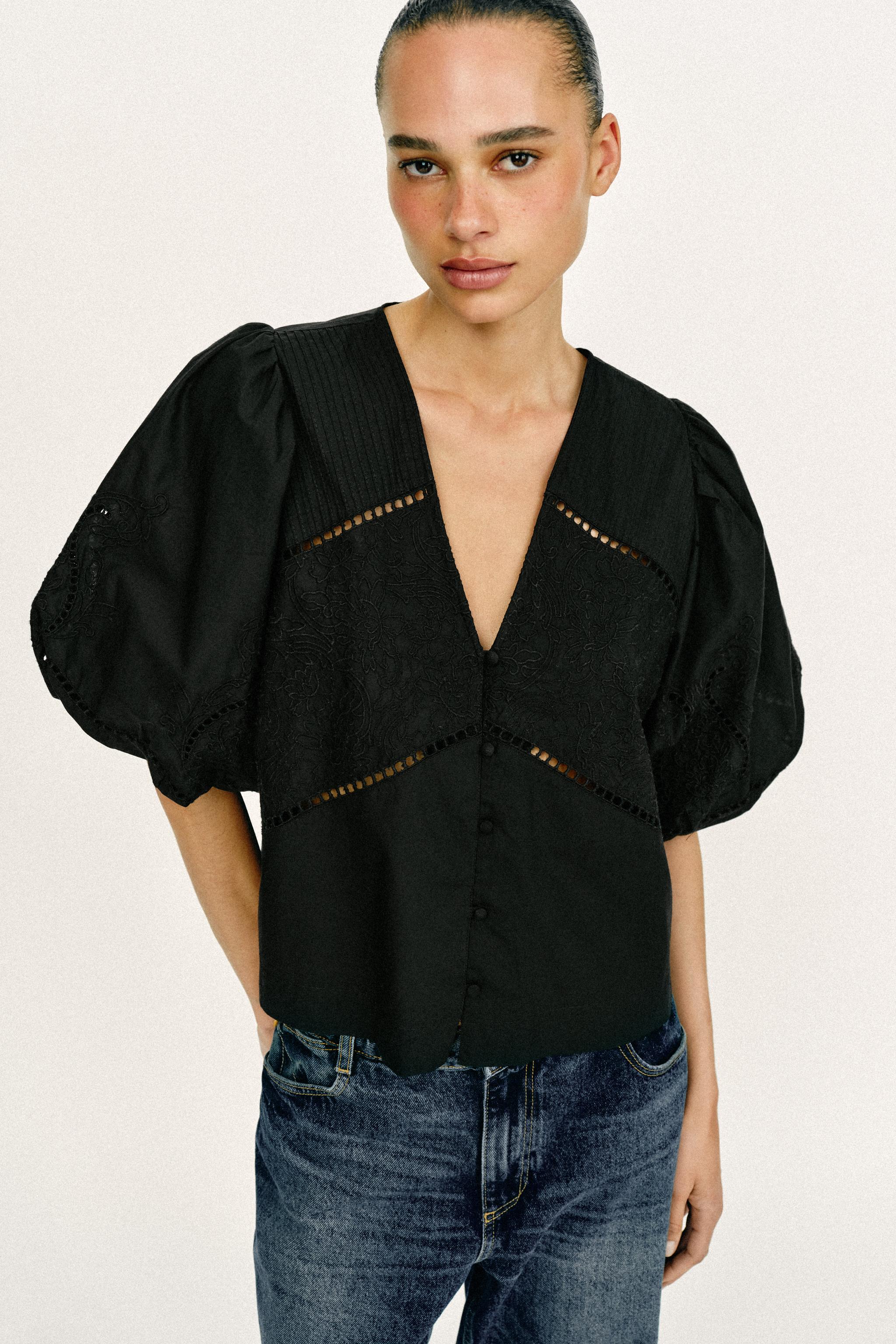 PUFF SLEEVE POPLIN TOP — Black