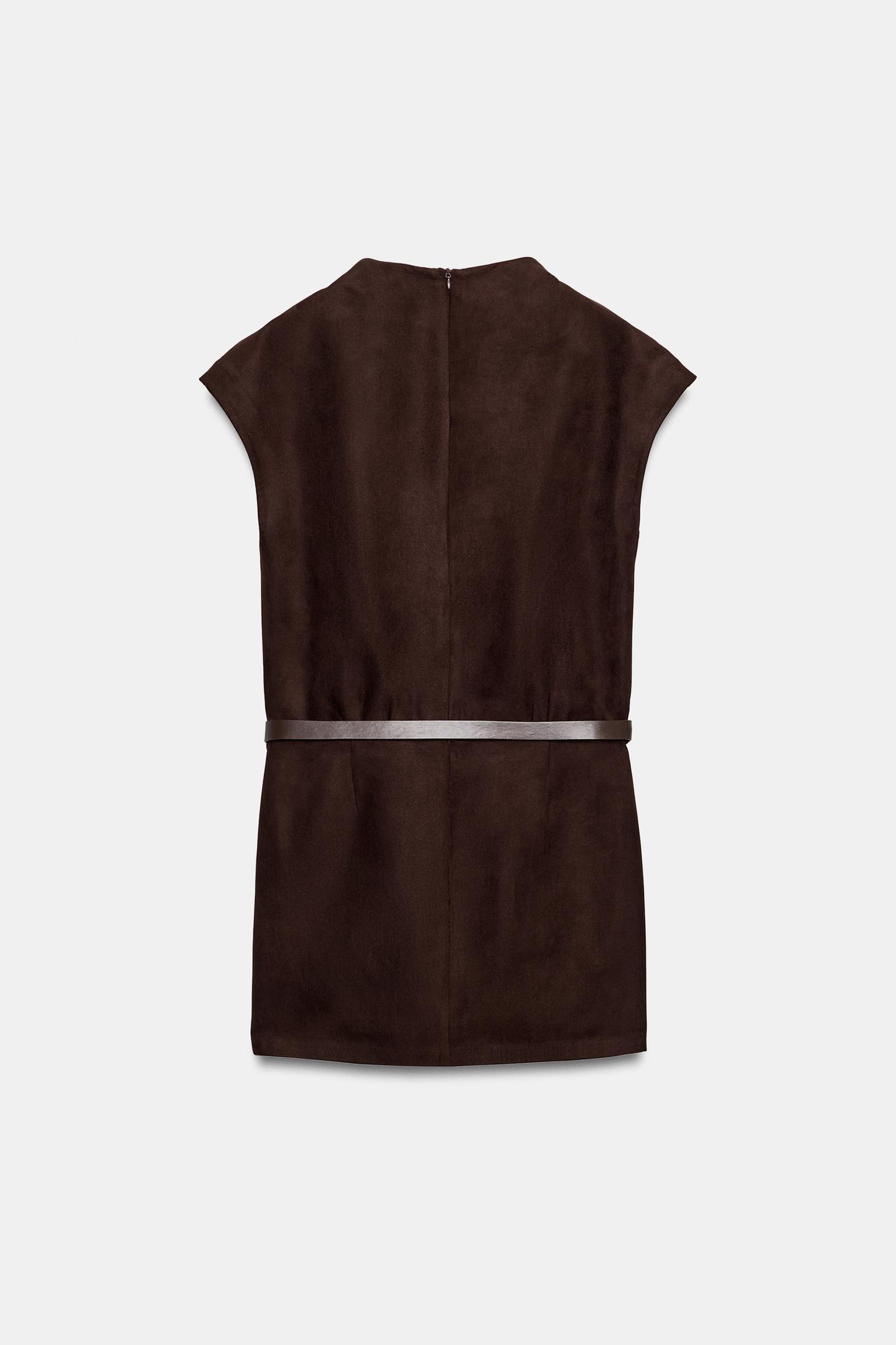 Женское платье Zara Belted Suede-Effect Mini, цвет: Тёмный коричневый — фото 7