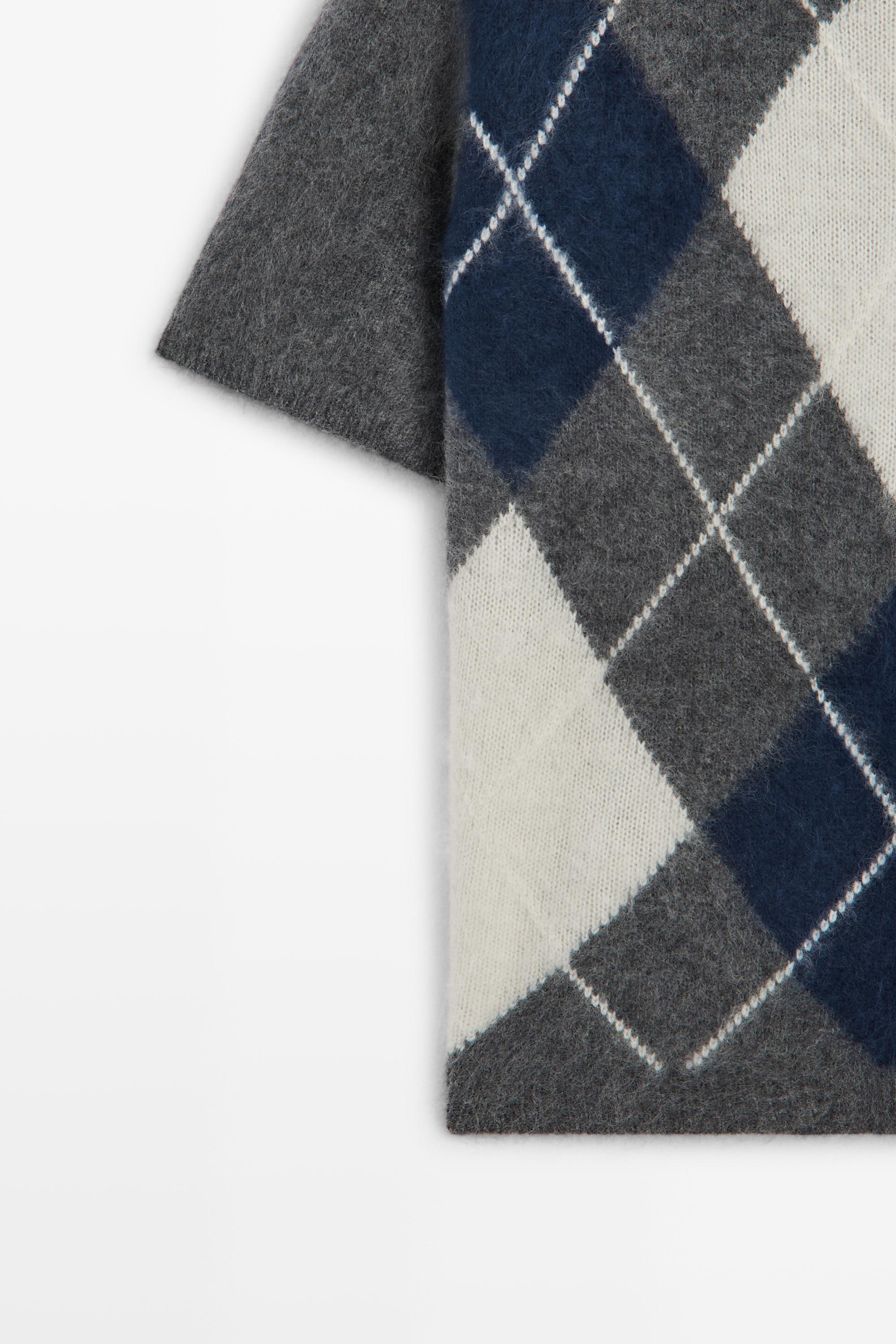 Wool cashmere argyle short sleeve knit sweater