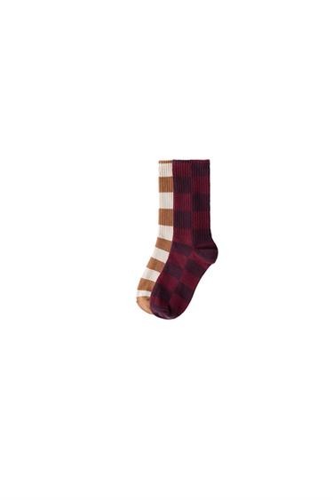 Zara TWO-PACK OF CHECKERBOARD LONG SOCKS - Bordeaux / Ecru