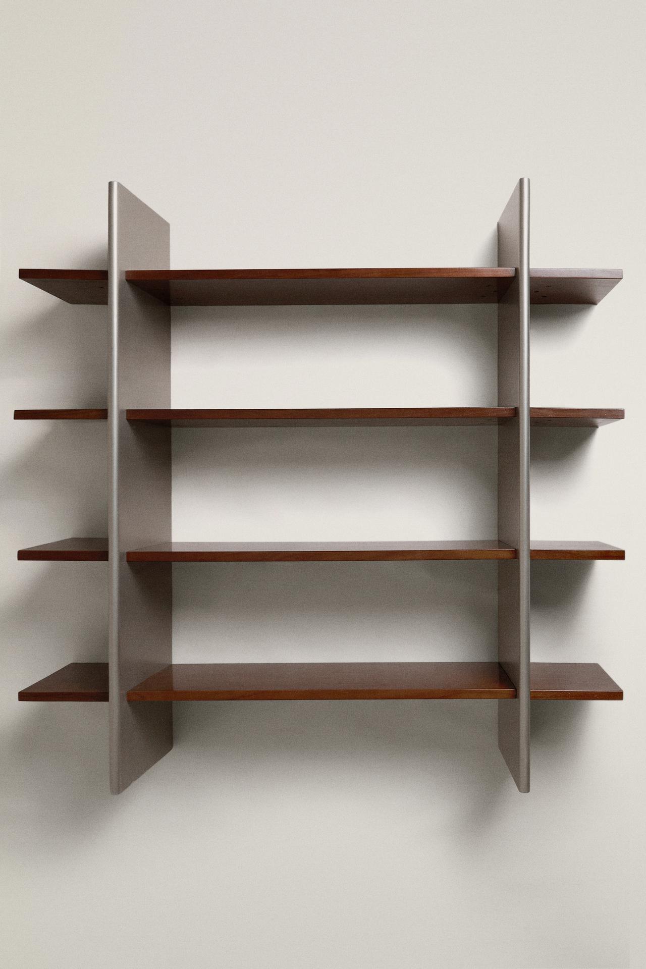WOOD AND STEEL SHELVING UNIT — Silver