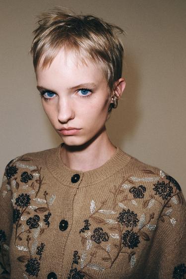 CARDIGAN WITH BEADED EMBROIDERY — taupe brown 2