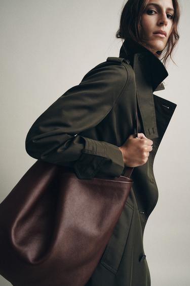 LEATHER DOUBLE COMPARTMENT BUCKET BAG - Burgundy Red by Zara