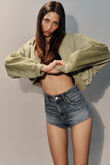 Zara TRF CURVED HIGH-WAIST MINI DENIM SHORTS - Blue