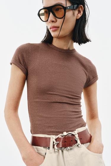 Zara RUSTIC LINEN T-SHIRT - Chalk pink