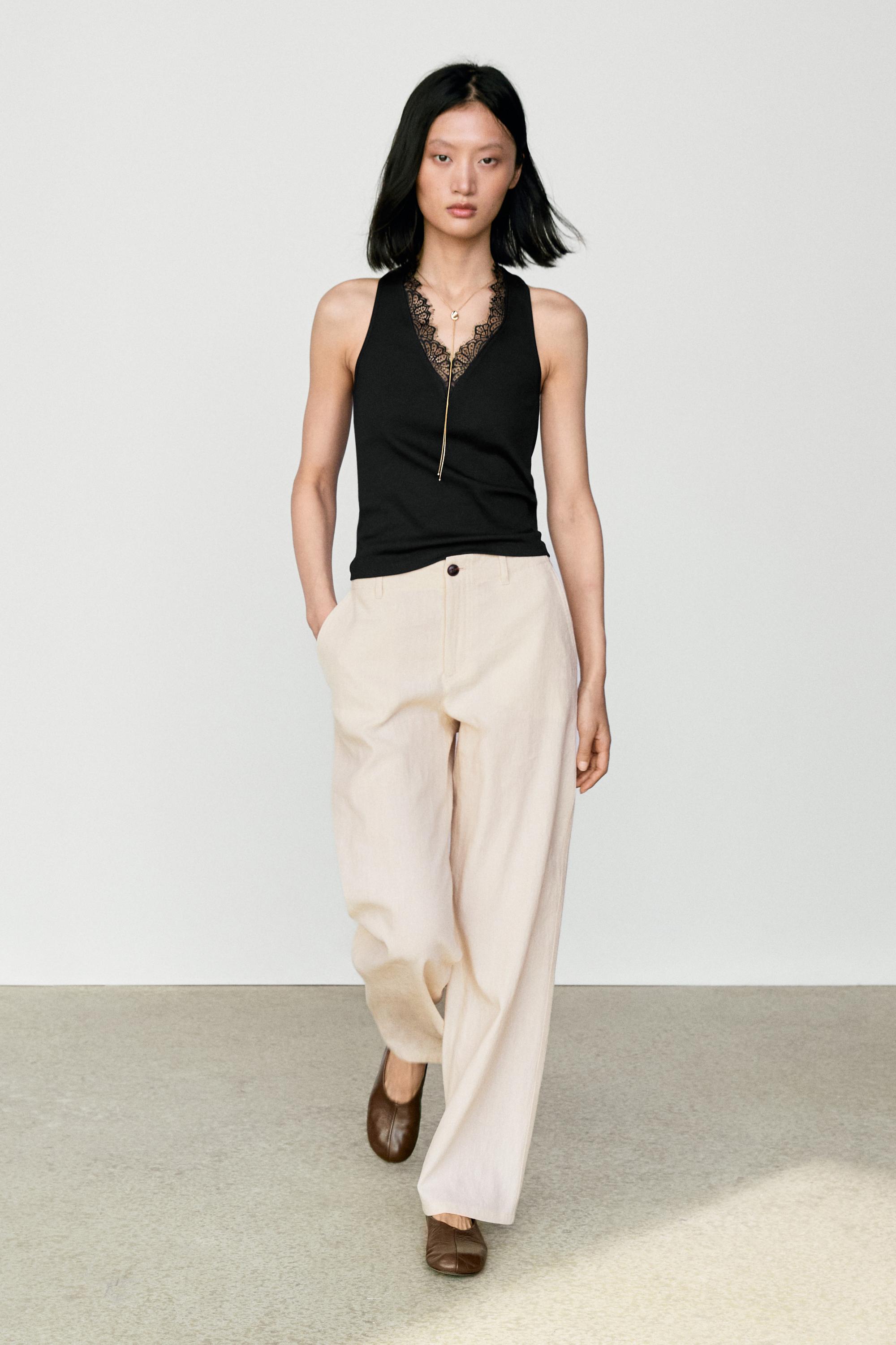 V-neck lace trim camisole top - Black | ZARA United States